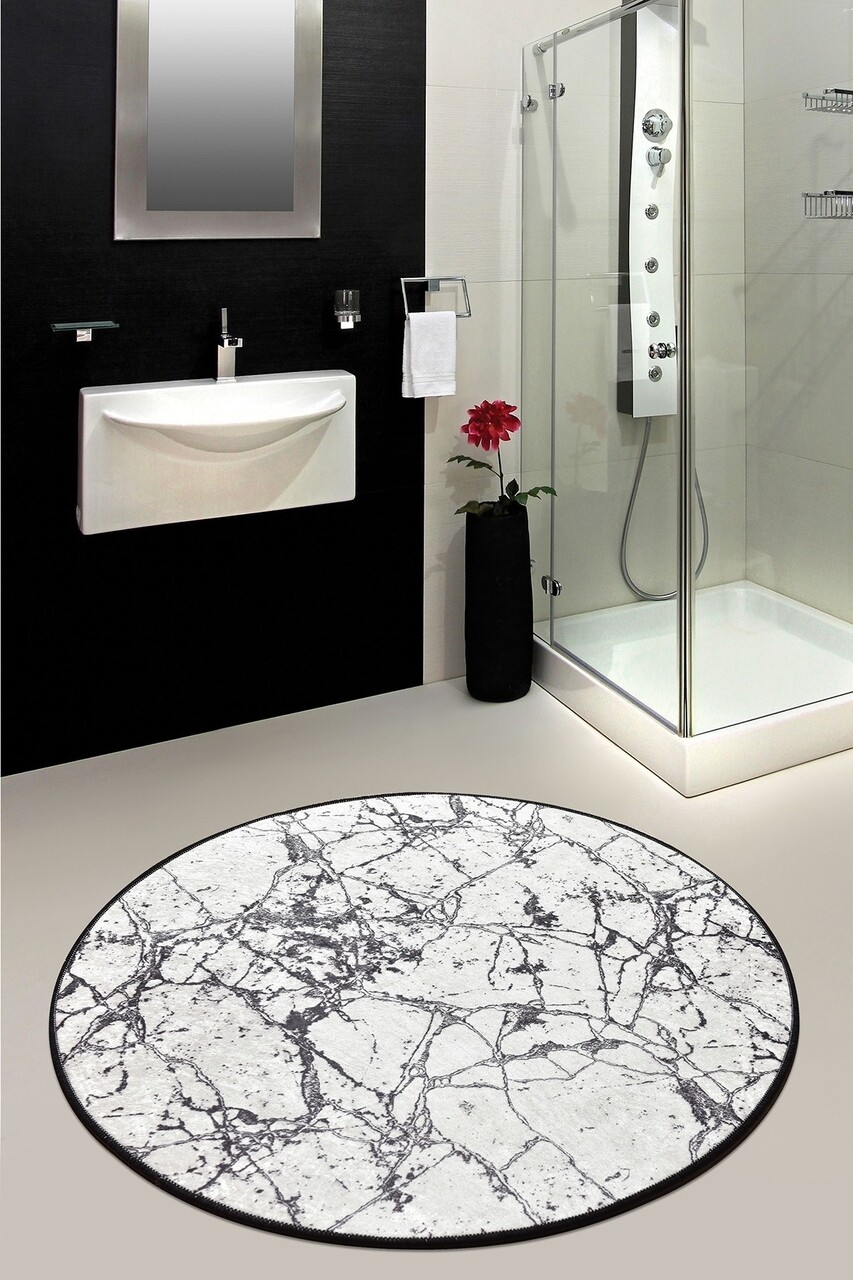 Covoras de baie Marble, Chilai, Ø140 cm, alb/nergu - imagine 4